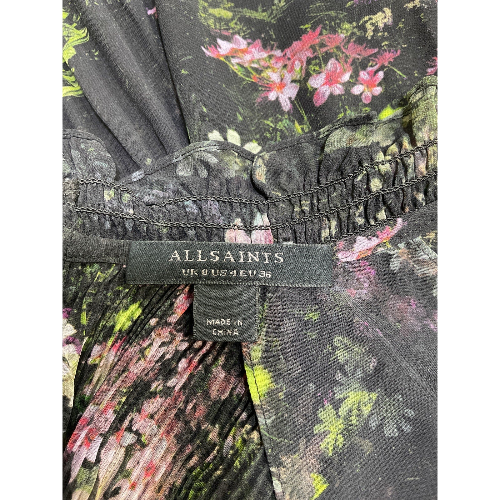 Allsaints 'Cora' Black Polyester Ophelia Pleated Floral Blouse Size 4
