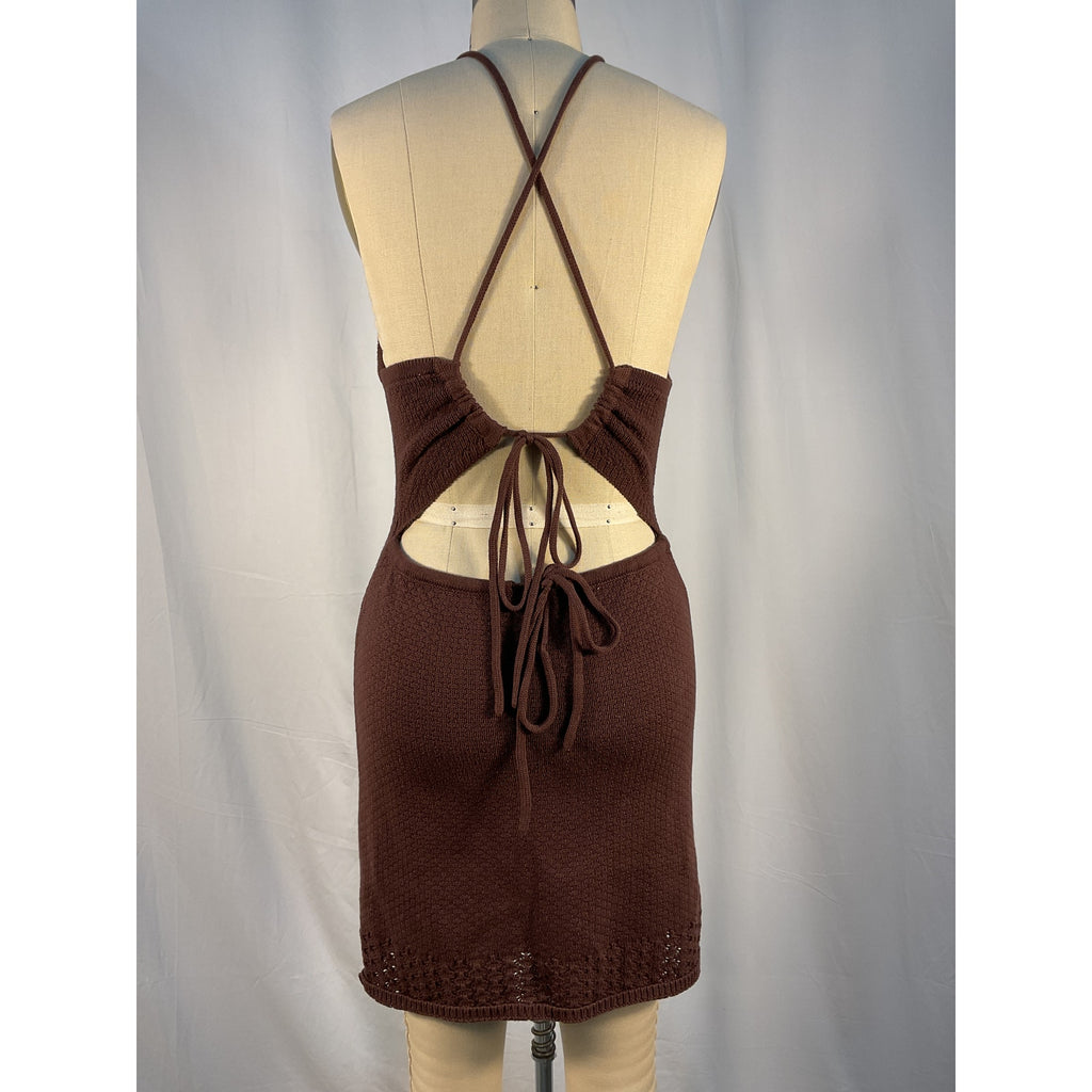 Shona Joy 'Calypso' Brown Crochet Open Back Mini Dress Size XS