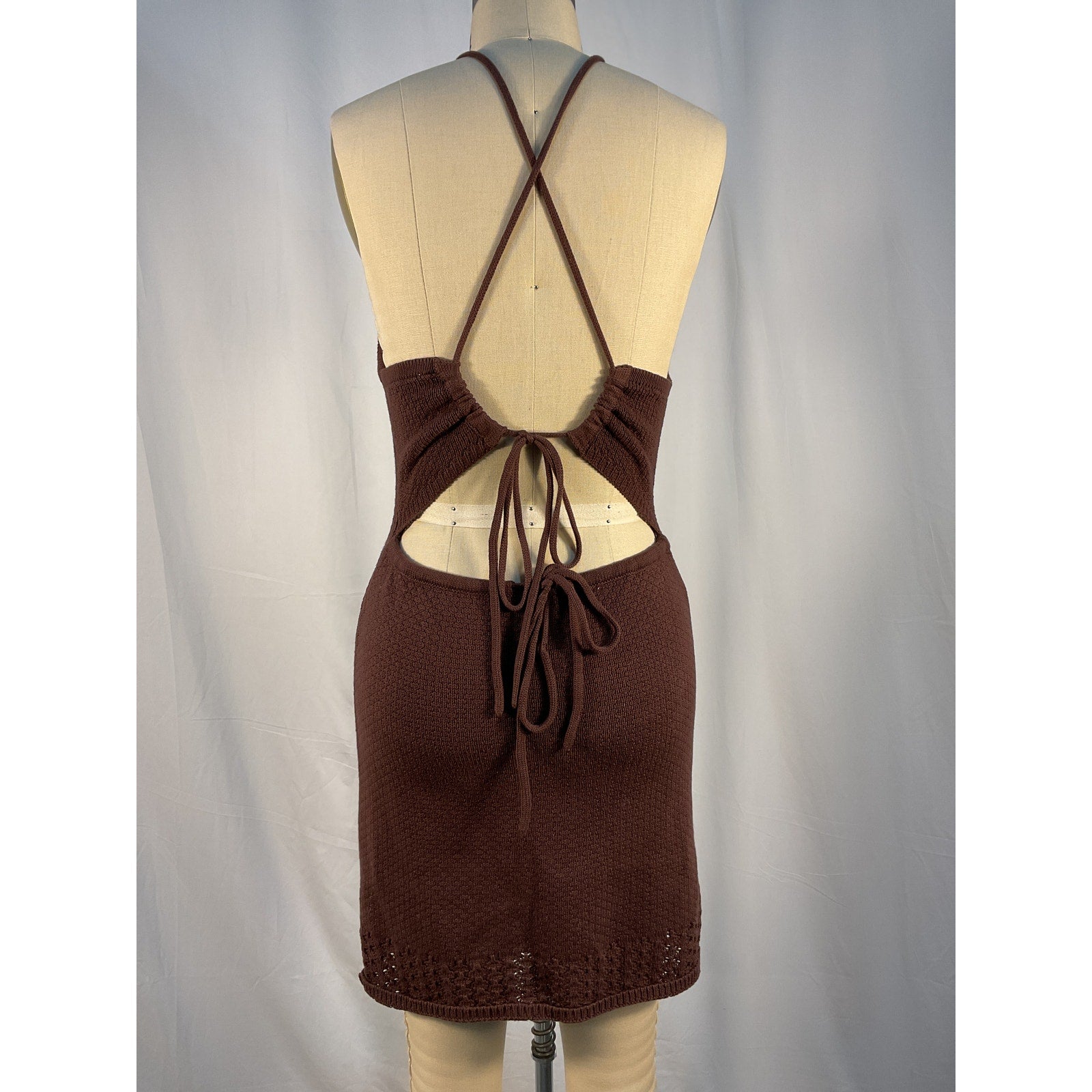 Shona Joy 'Calypso' Brown Crochet Open Back Mini Dress Size XS