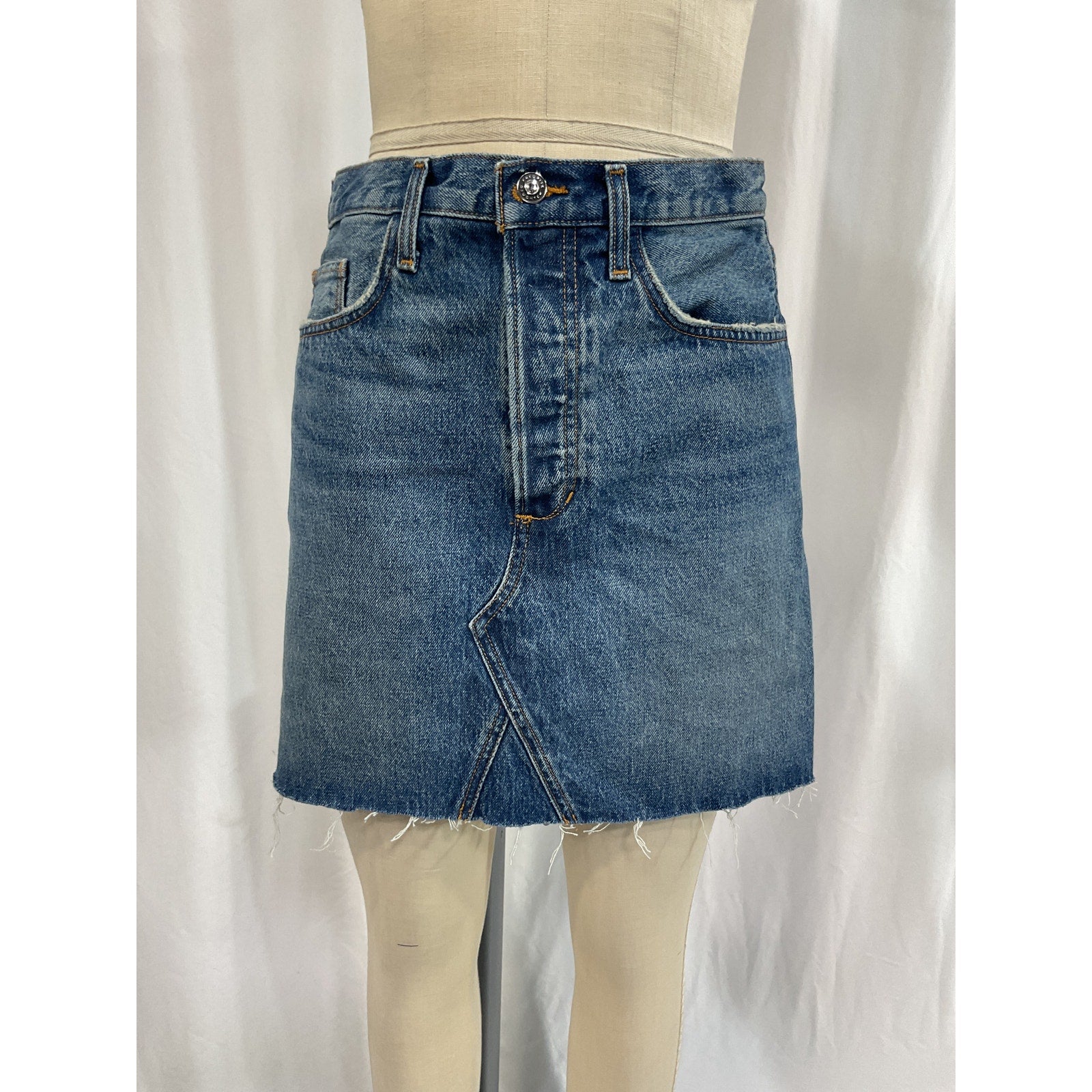 Favorite Daughter 'The Sadie' Blue Raw Hem High Waist A-Line Denim Mini Skirt Size 27
