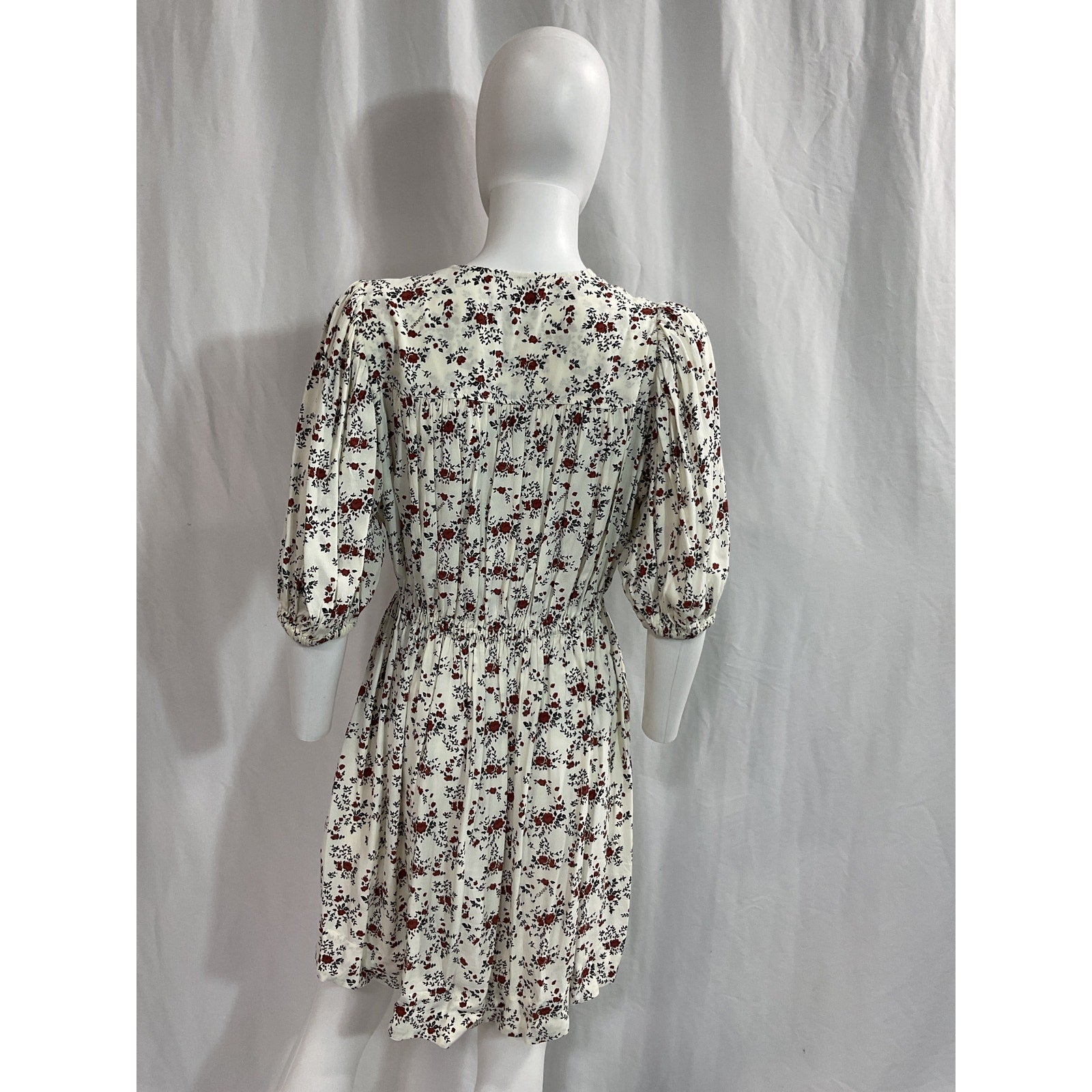Ganni 'Printed' White Crepe Elbow Sleeve Mini Dress Size 36