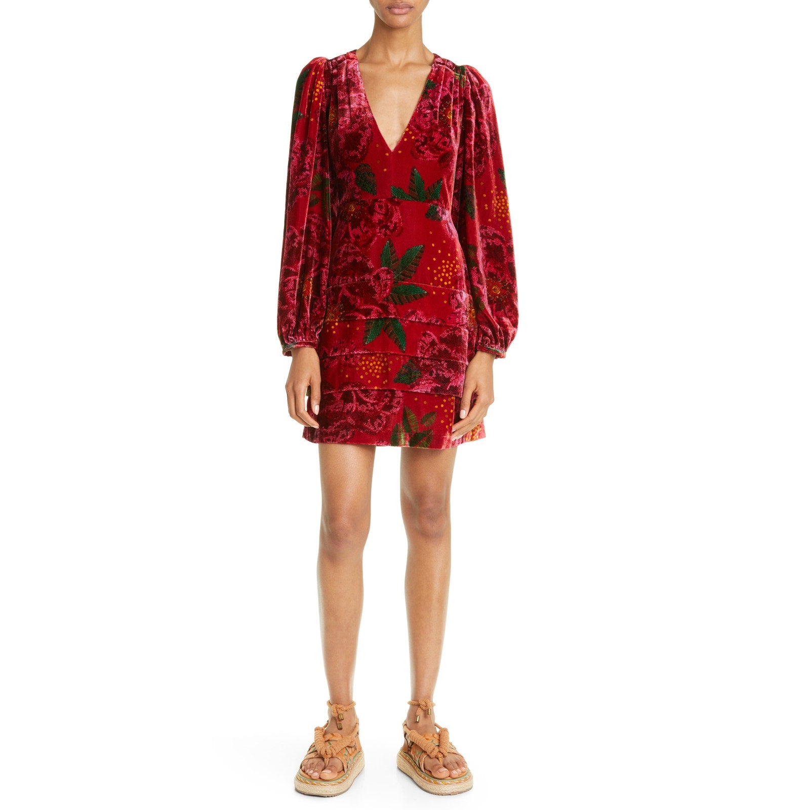 Farm Rio 'Shiny' Red Flowers Long Sleeve V Neck Mini Dress Size S