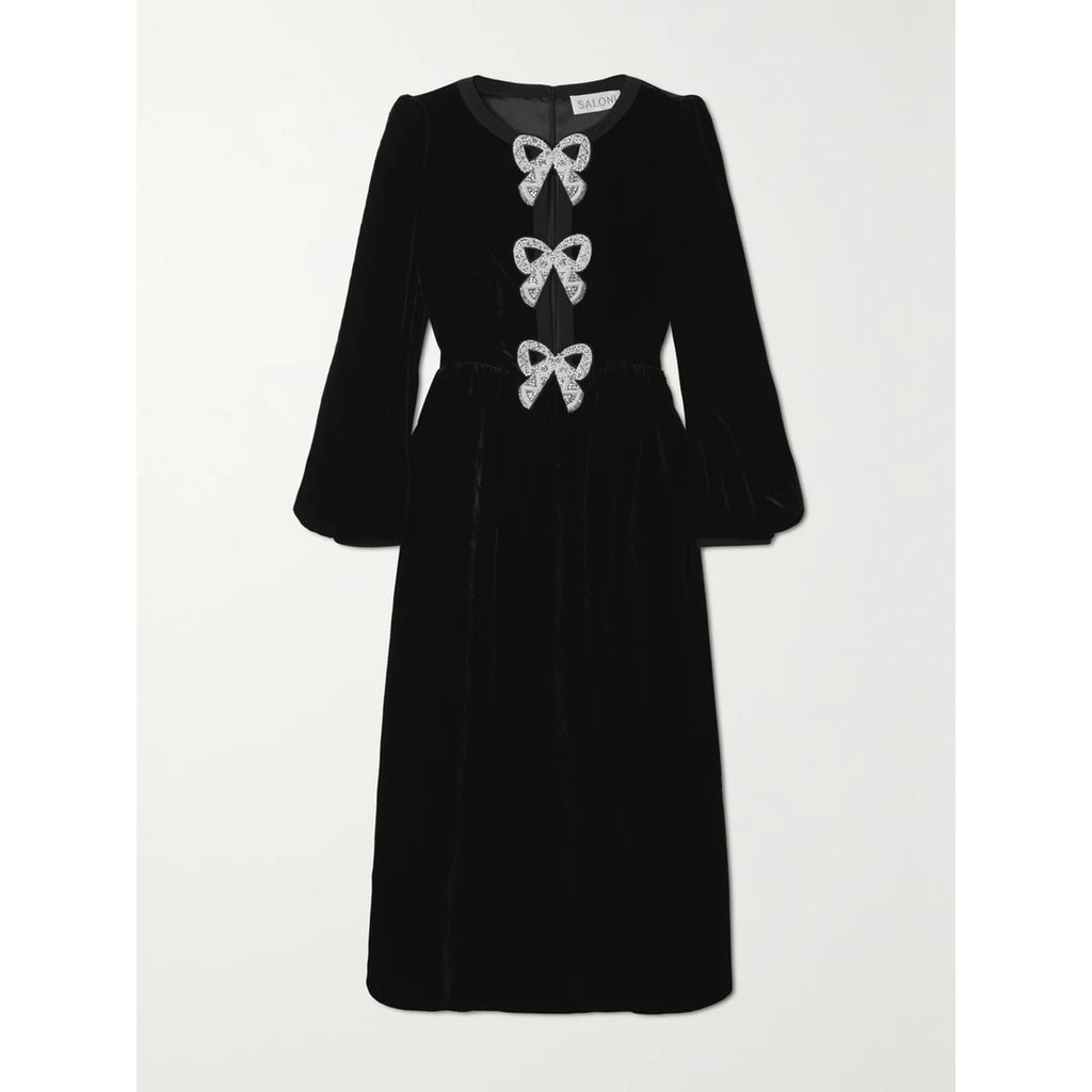 Saloni 'Camille' Black Rayon Bow-Embellished Velvet Midi Dress Size 0