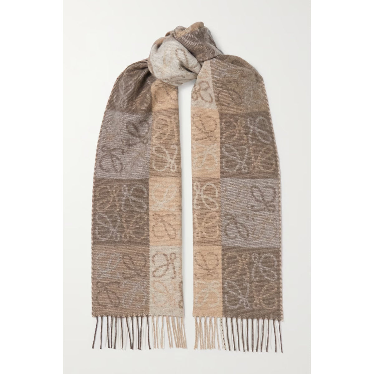Loewe 'Fringed' Brown Intarsia Wool And Cashmere-Blend Scarve Size OS