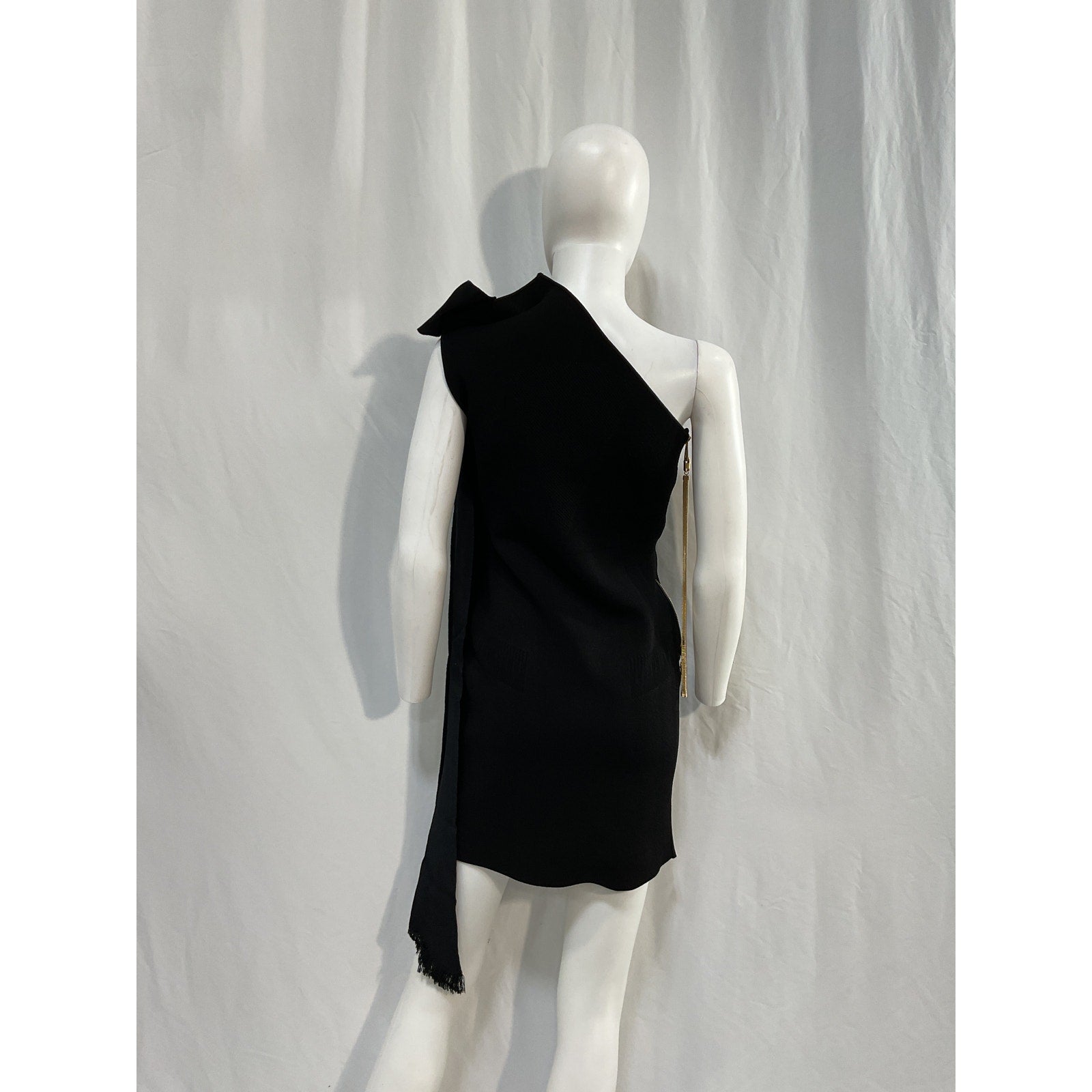 Az Factory Mybody Black Viscose One-Shoulder Bow-Detailed Stretch-Knit Mini Dress Size L