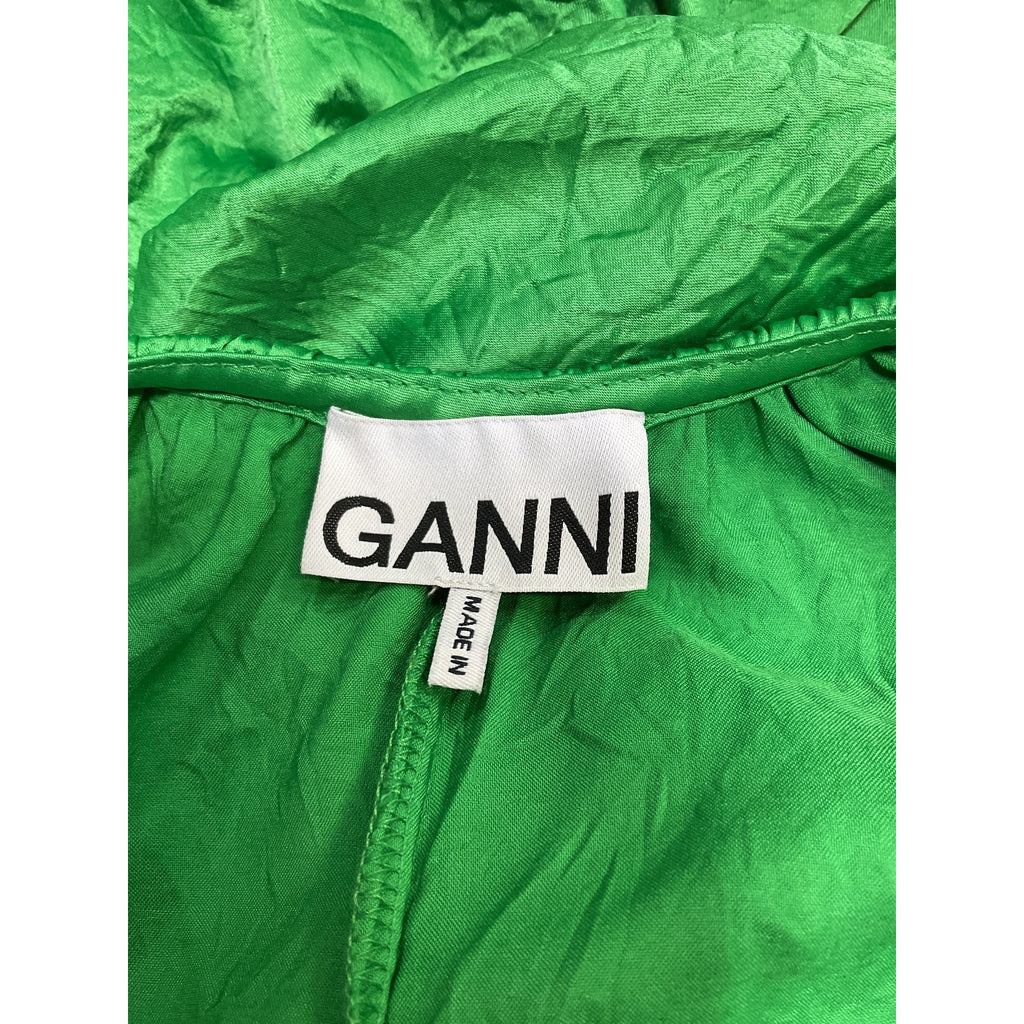 Ganni 'Crinkled' Green Polyester Satin Gathered Midi-Dress Size 36