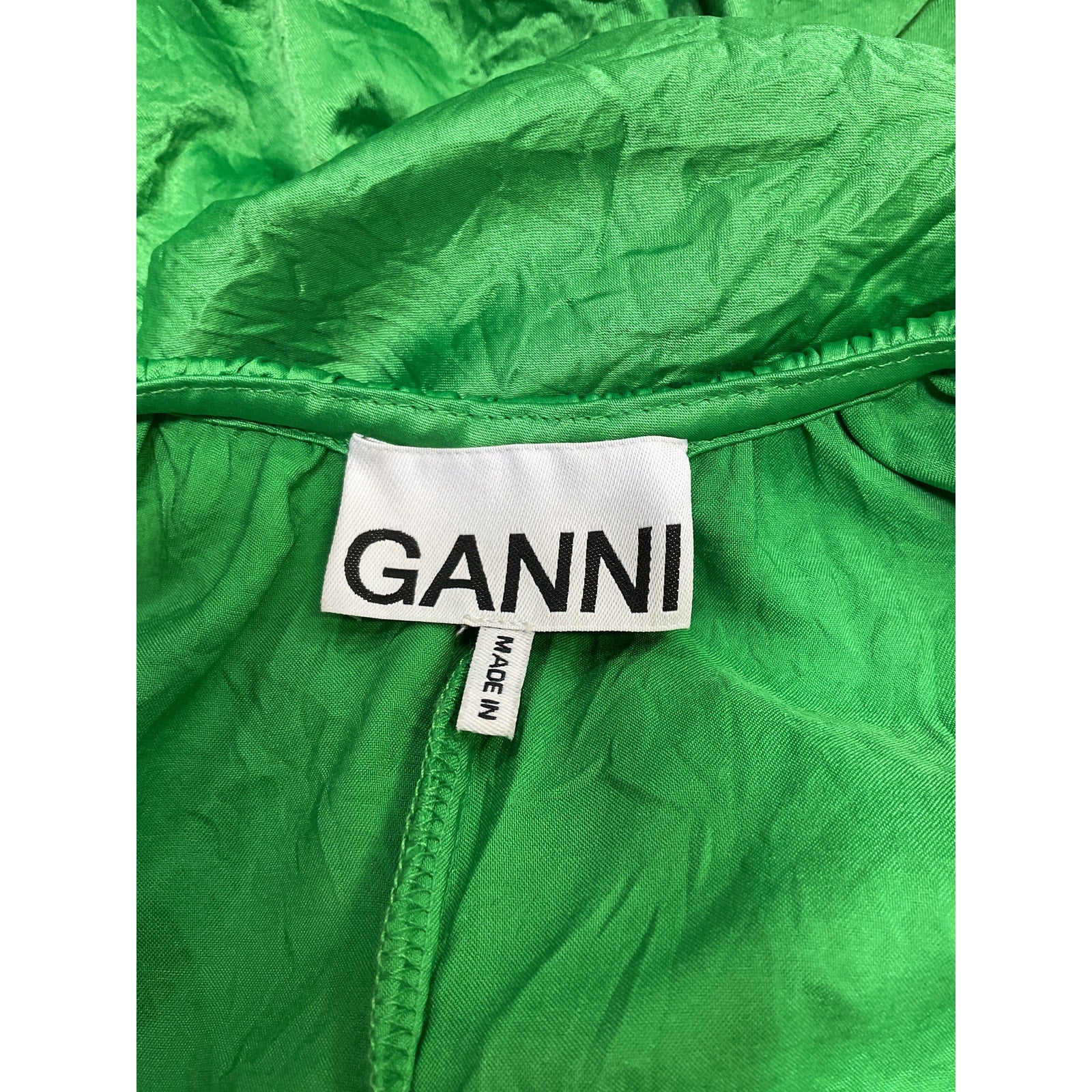 Ganni 'Crinkled' Green Polyester Satin Gathered Midi-Dress Size 36