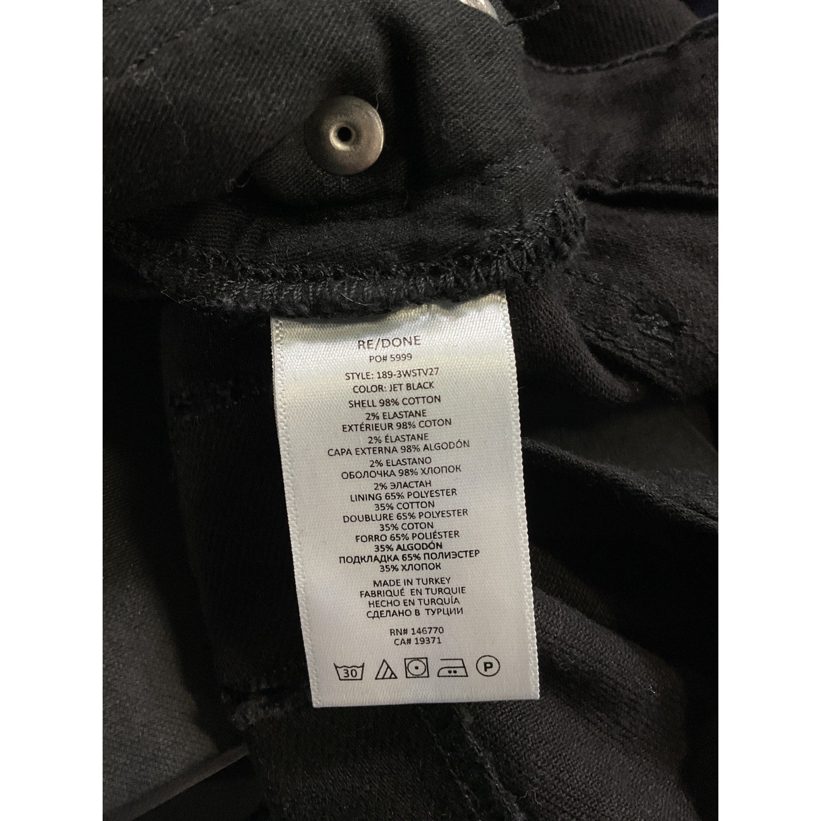 Re/Done High Rise 'Stove' Black Pipe Denim Jean Size 30
