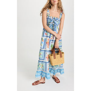 Farm Rio Tropical Blue Linen Tiles Maxi Dress Size S