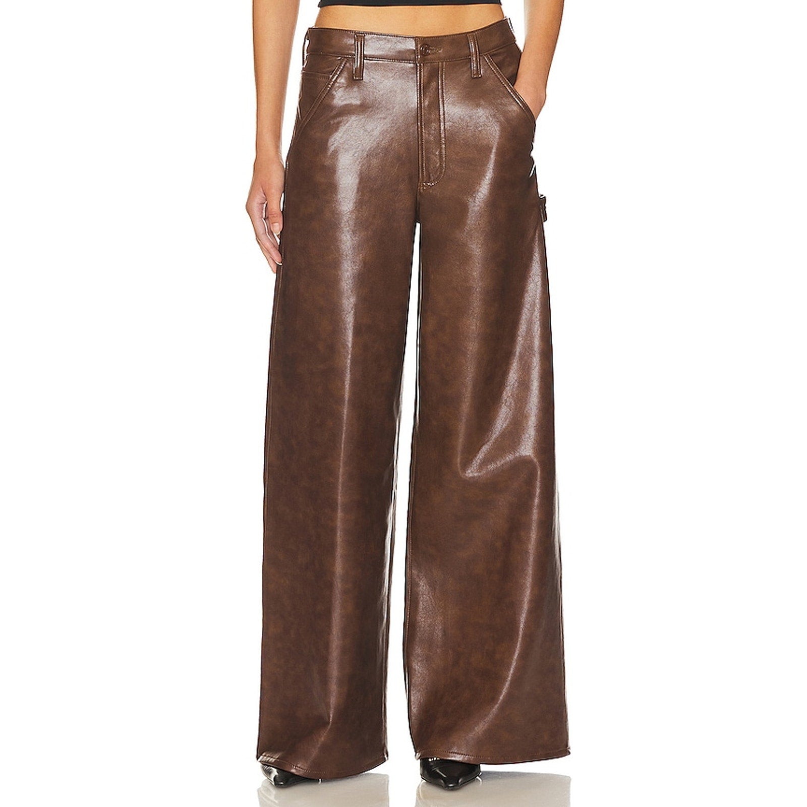 Agolde 'Dale' Brown Leather Wide Leg Carpenter Trouser Size 24