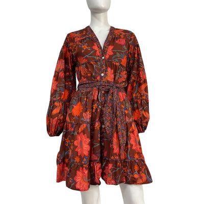 Farm Rio Floral Brown Button-Front Dress Size S