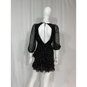 For Love & Lemons 'Juliana' Black V Neck Elbow Sleeve Floral Mini Dress Size XS