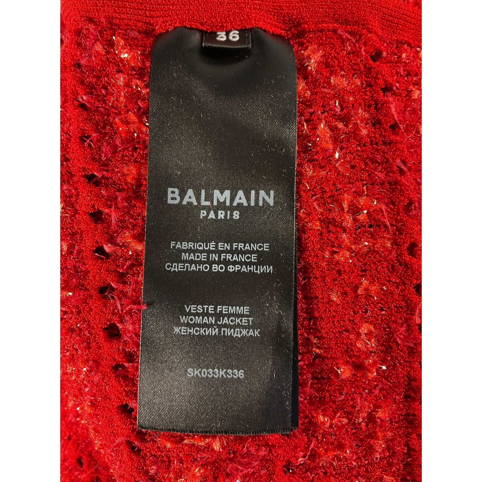 Balmain Strong Shoulder Red Tweed Jacket Size 4 US / FR 36