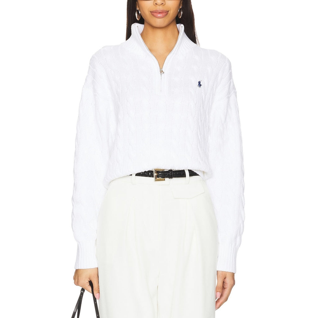Polo Ralph Lauren White Cotton Cable-Knit Quarter-Zip Sweater Size M
