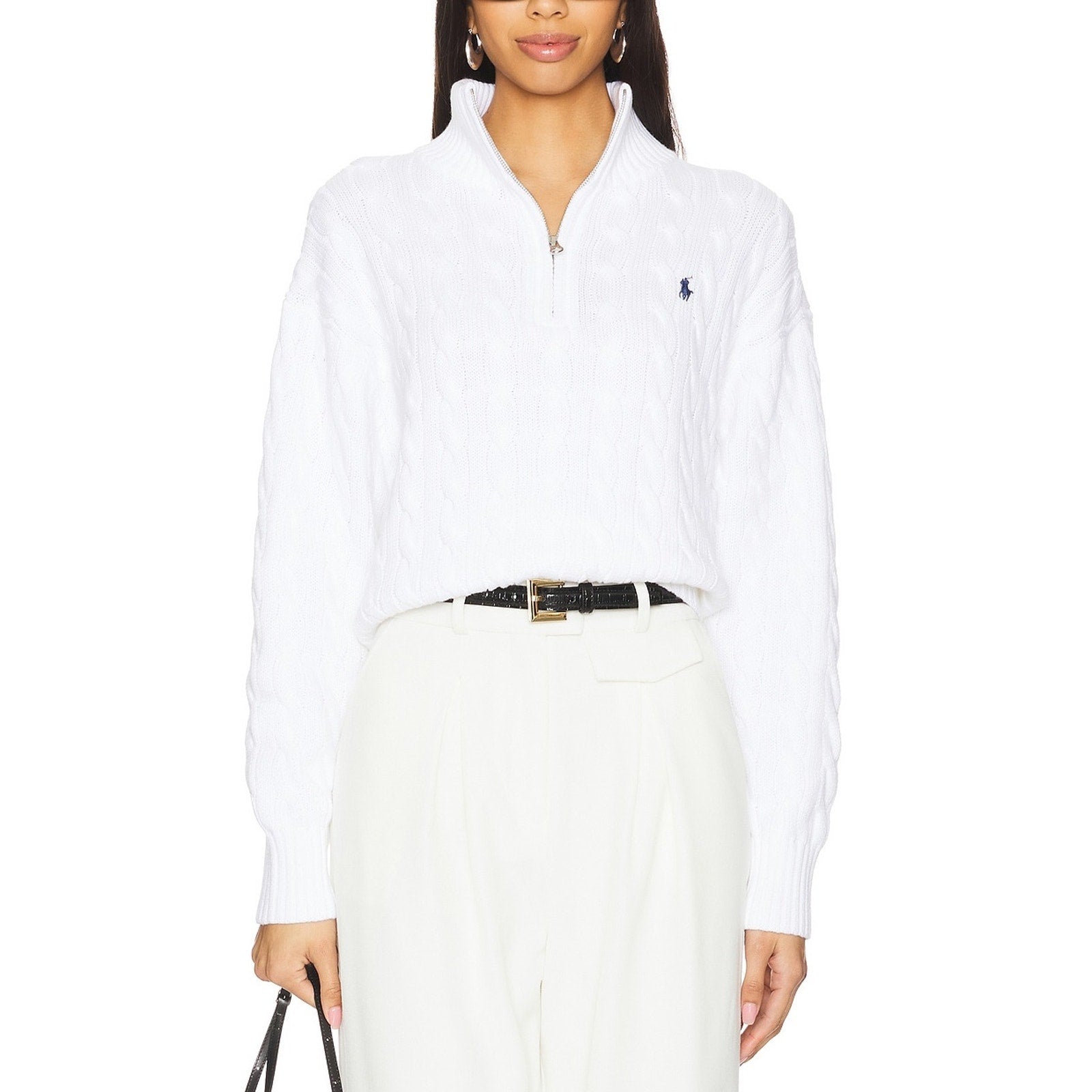 Polo Ralph Lauren White Cotton Cable-Knit Quarter-Zip Sweater Size M