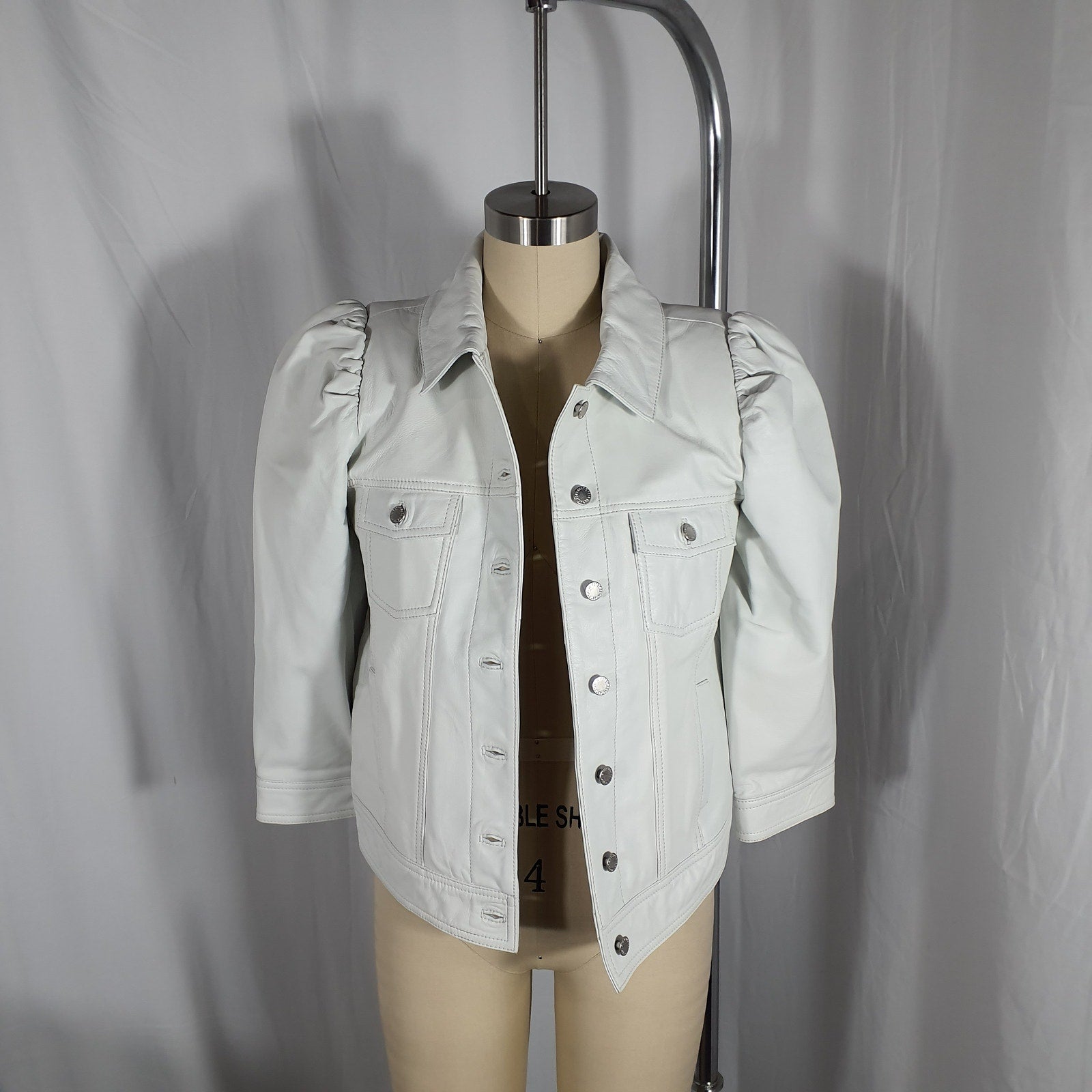 Retrofete Leather 'Ada' White Puff Cropped Sleeve Cinched Back Jacket Size M