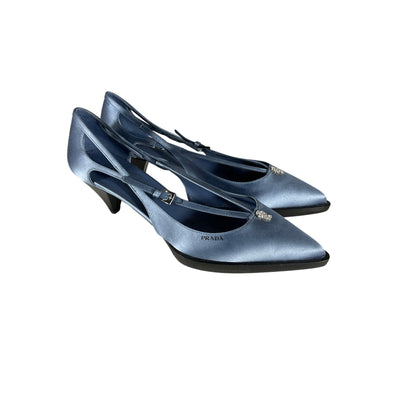 Prada Satin Crisscross Blue Satin Buckle Pumps Size 8.5
