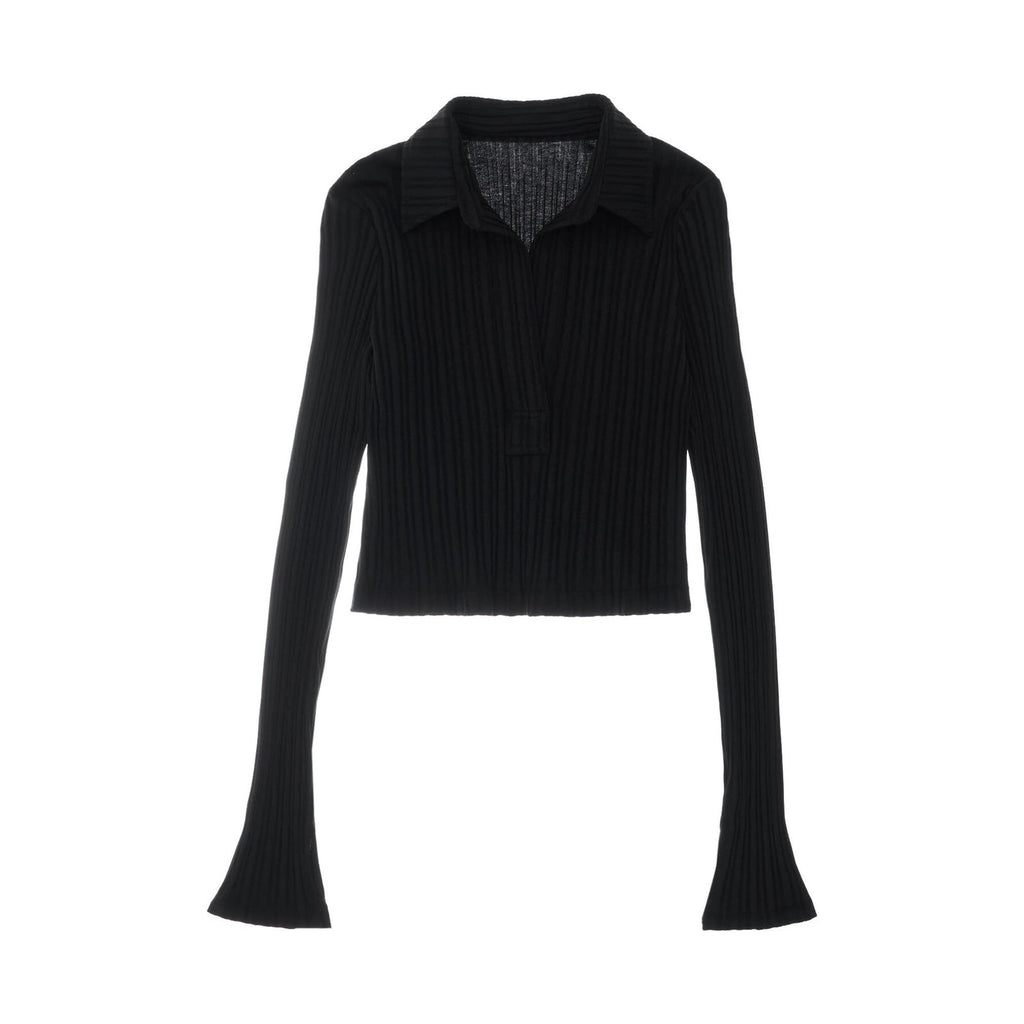 Helmut Lang Textured Stripe Black Cotton Crop Polo Shirt Size L