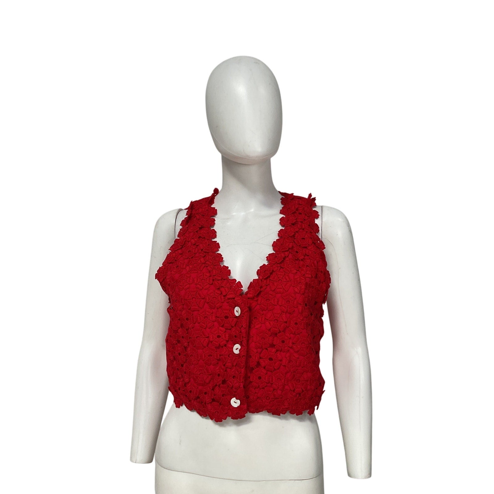 Waimari 'Christie' Red Cotton Floral Eyelet Lace Cropped Vest Size XS