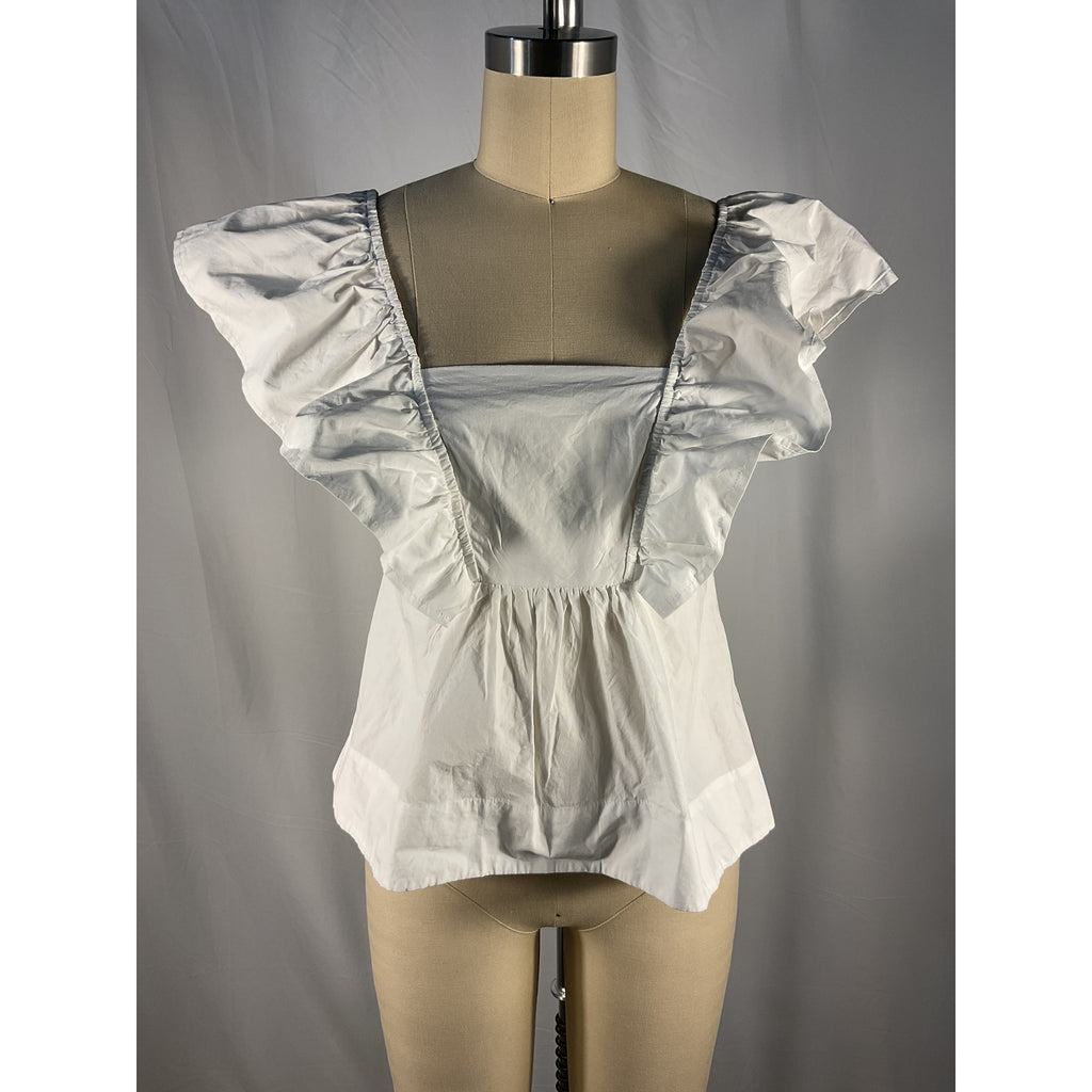 Ganni White Cotton Poplin Ruffle Blouse Size 36 - NWT