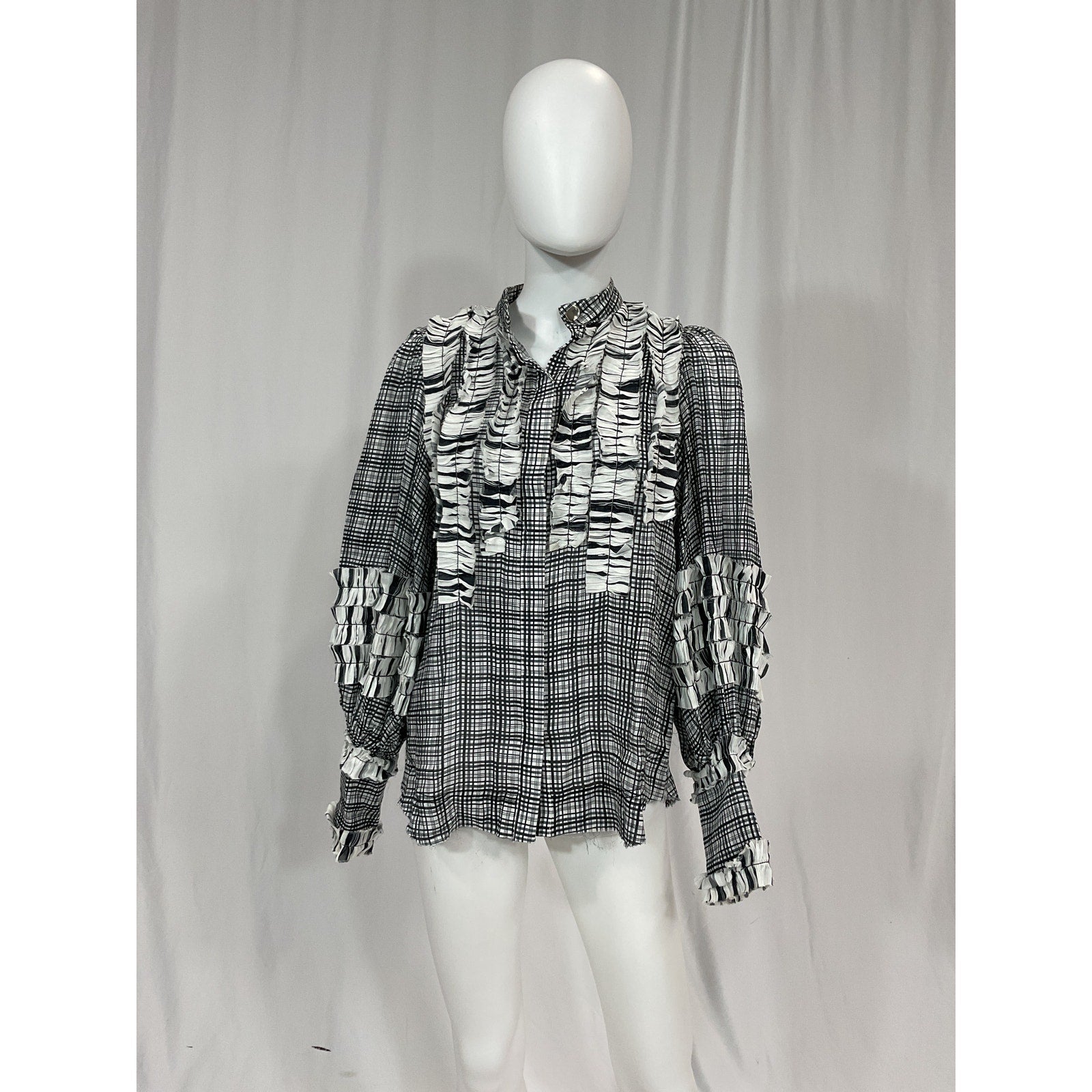 Aje 'Memento' Black Long Sleeve Plaid Ruffle Blouse Size 2