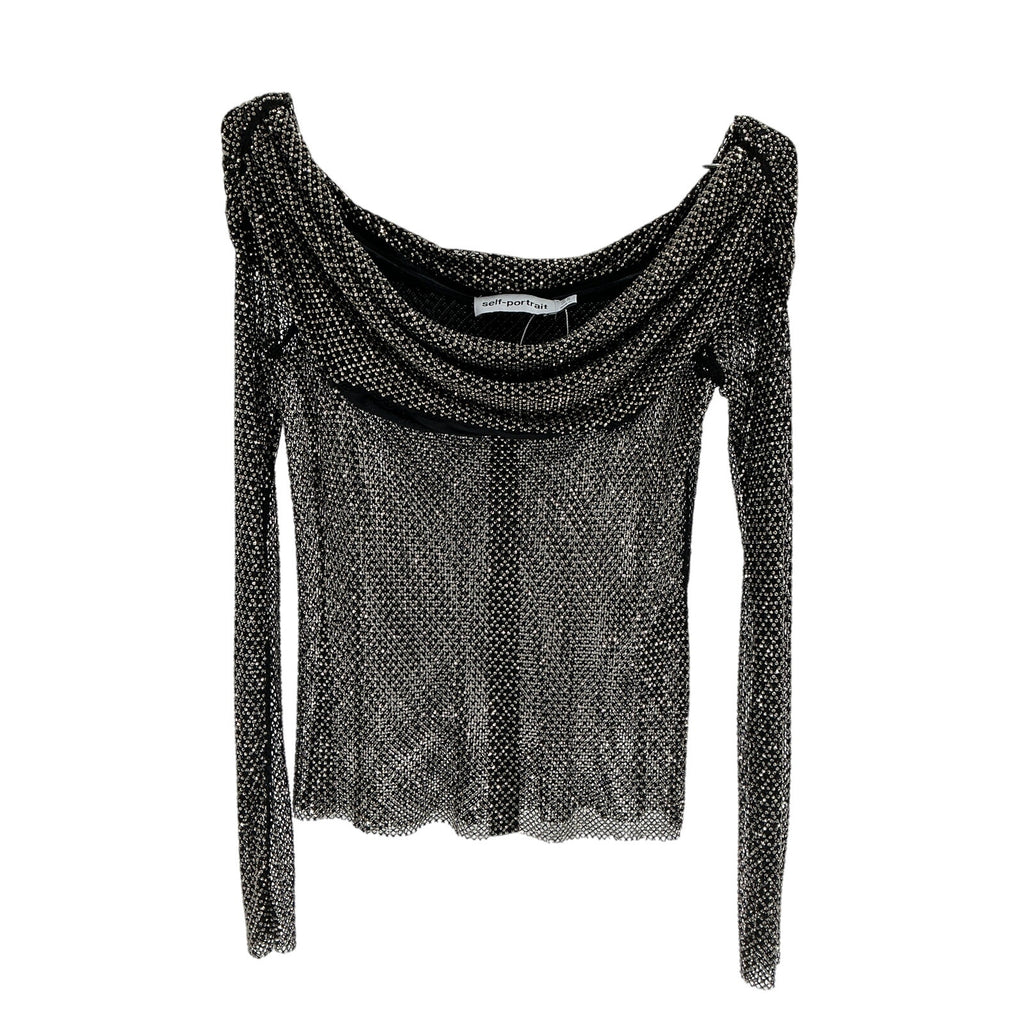 Self-Portrait Off-The-Shoulder Black Polyester Embellished Fishnet Top Size 12