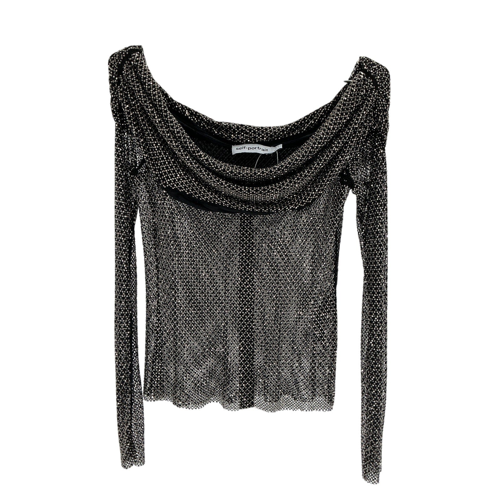 Self-Portrait Off-The-Shoulder Black Polyester Embellished Fishnet Top Size 12