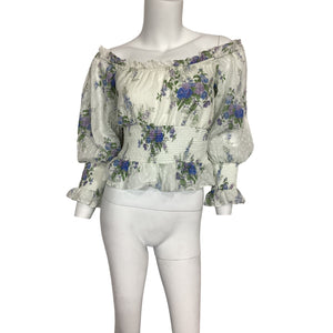 LoveShackFancy Floral Periwinkle Aqua Fifi Blouse Size XS