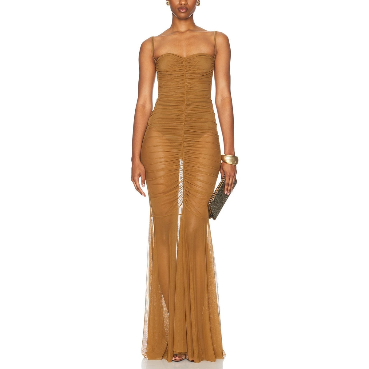 Norma Kamali Strapless Bronze Shirred Fishtail Gown Size XS