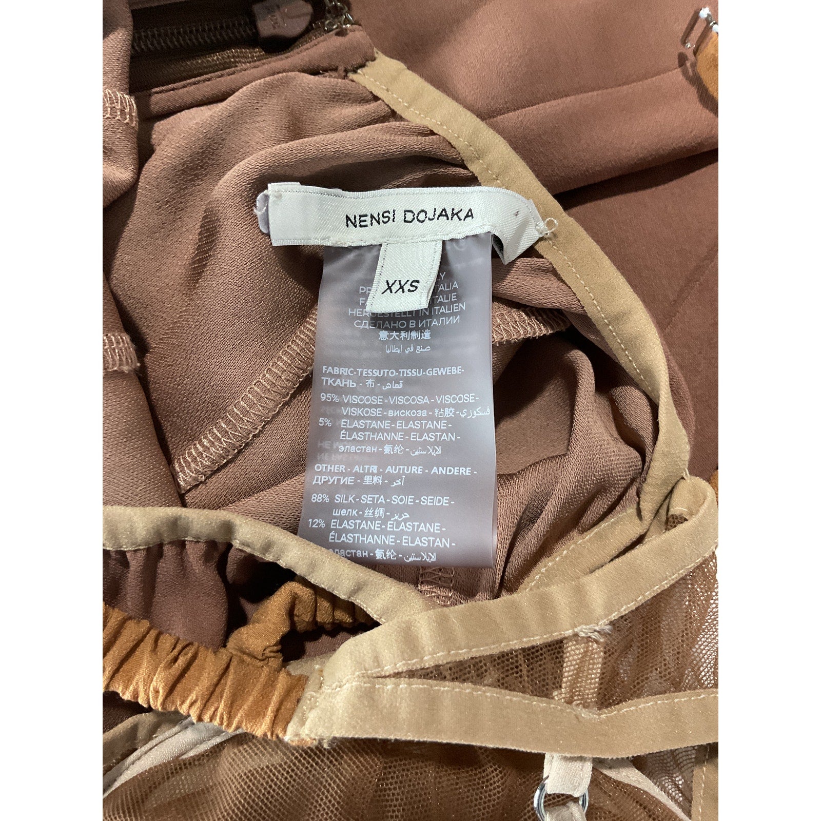 Nensi Dojaka Brown Polyester Draped Double Bra Mini Dress Size XXS