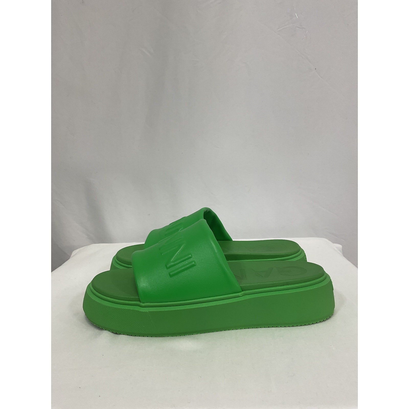 Ganni Logo-Embossed Vegan Green Leather Platform Slides Size 9