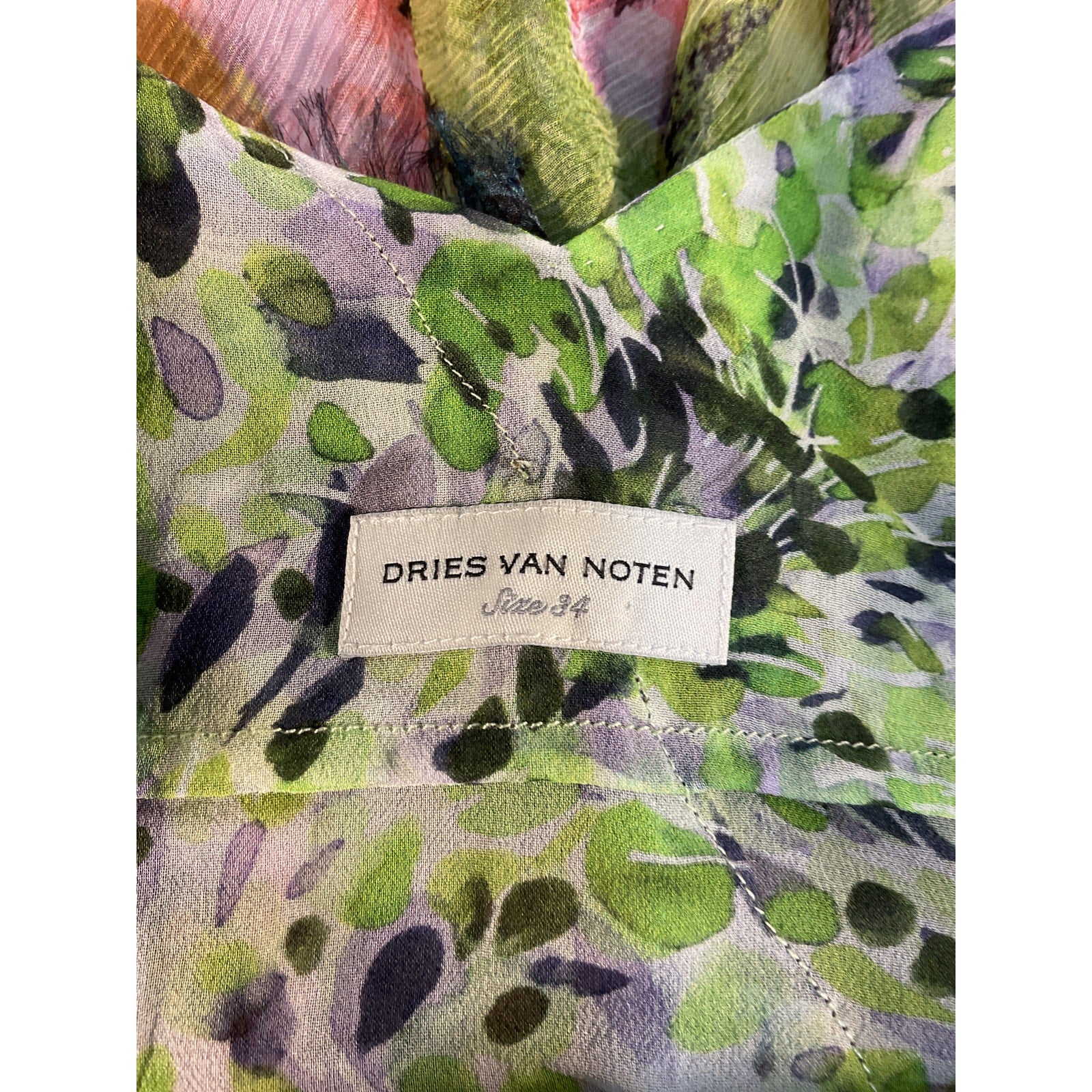 Dries Van Noten 'Asymmetric' Green Ruffled Frayed Floral-Print Silk-Crepon Top Size 2