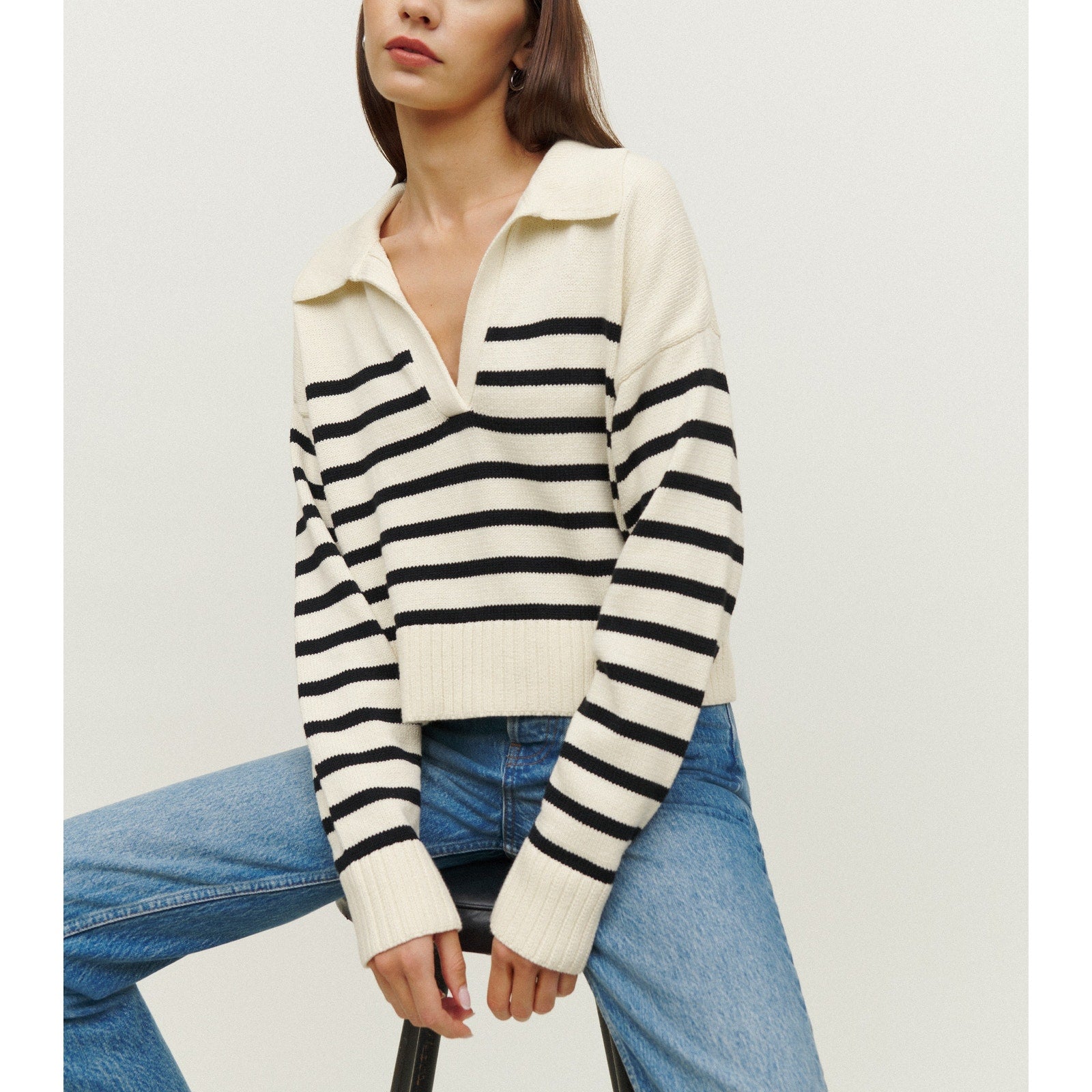 Reformation 'Francesco' White Long Sleeve Cotton Polo Sweater Size L