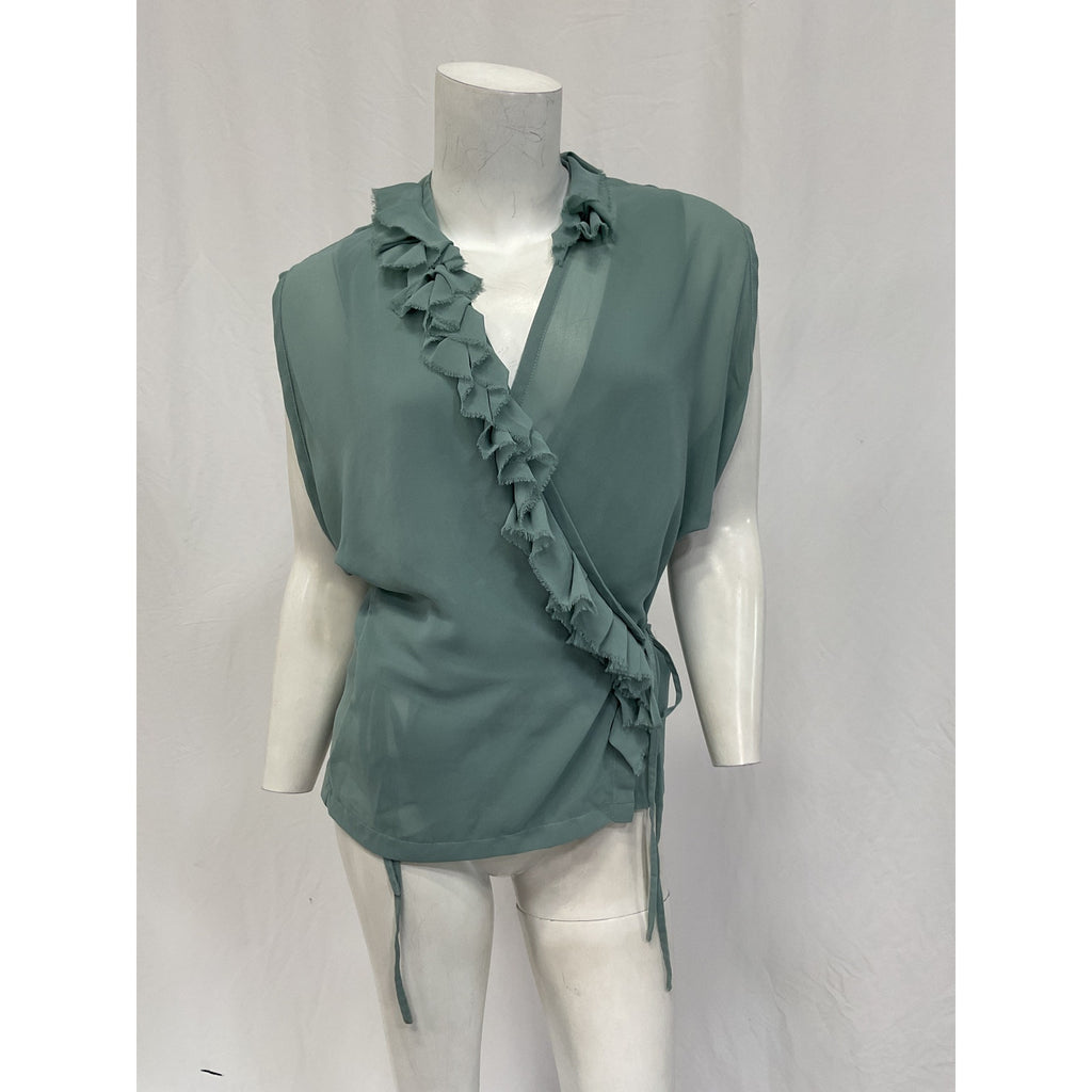 Dries Van Noten 'Clematis' Blue Polyester Ruffle Sleeveless Wrap Top Size 34