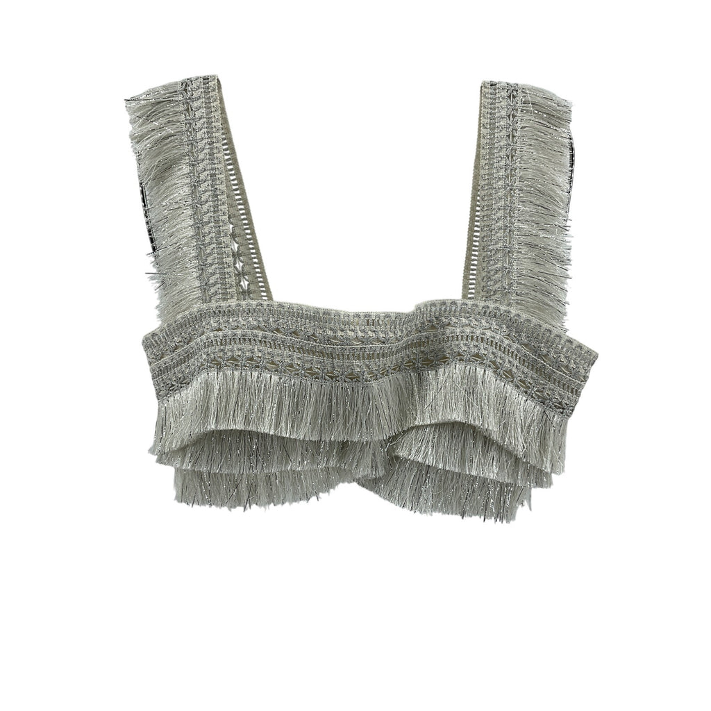 Patbo Cropped Metallic Silver Fringe Top Size 2