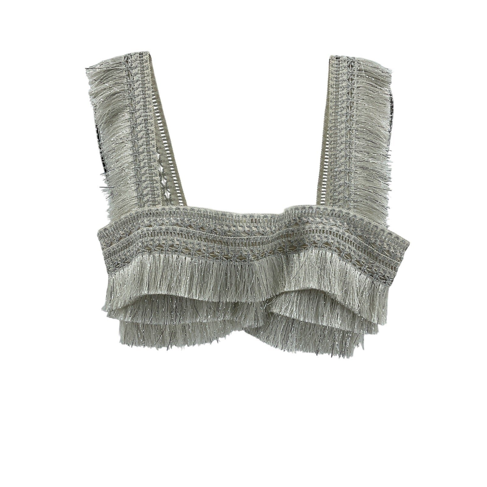 Patbo Cropped Metallic Silver Fringe Top Size 2