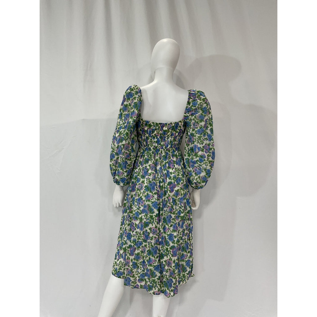 For Love & Lemons 'Bridget' Green Puff Sleeve Midi Dress Size S
