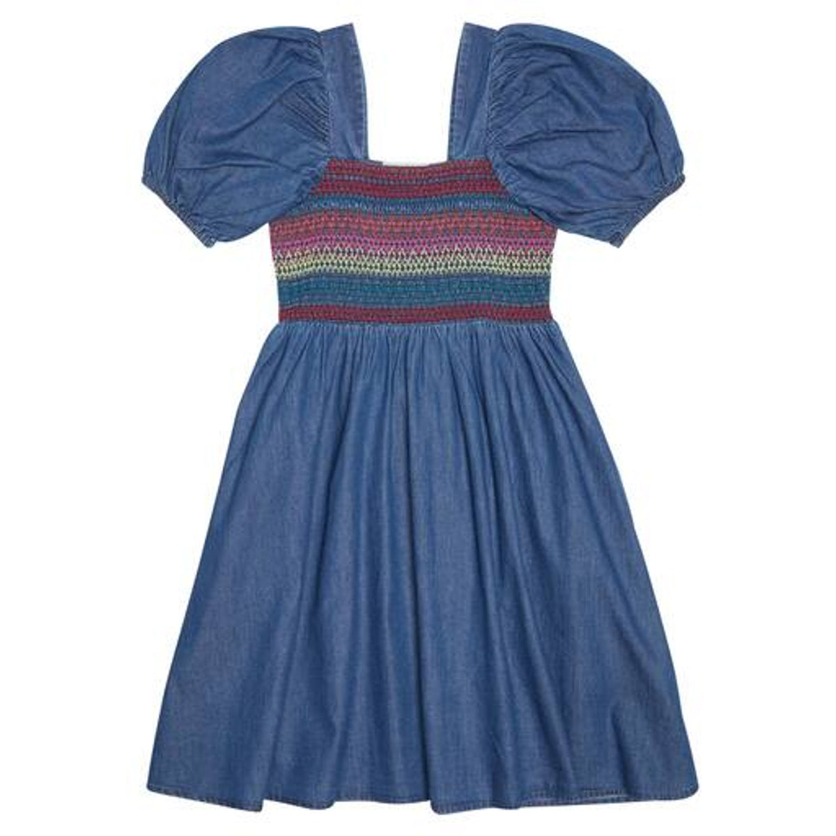 Stella Mccartney Puff-Sleeved Blue Cotton Ruched Chambray Dress Size 8