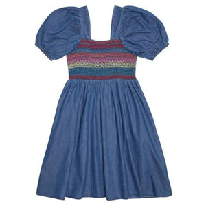 Stella Mccartney Puff-Sleeved Blue Cotton Ruched Chambray Dress Size 8