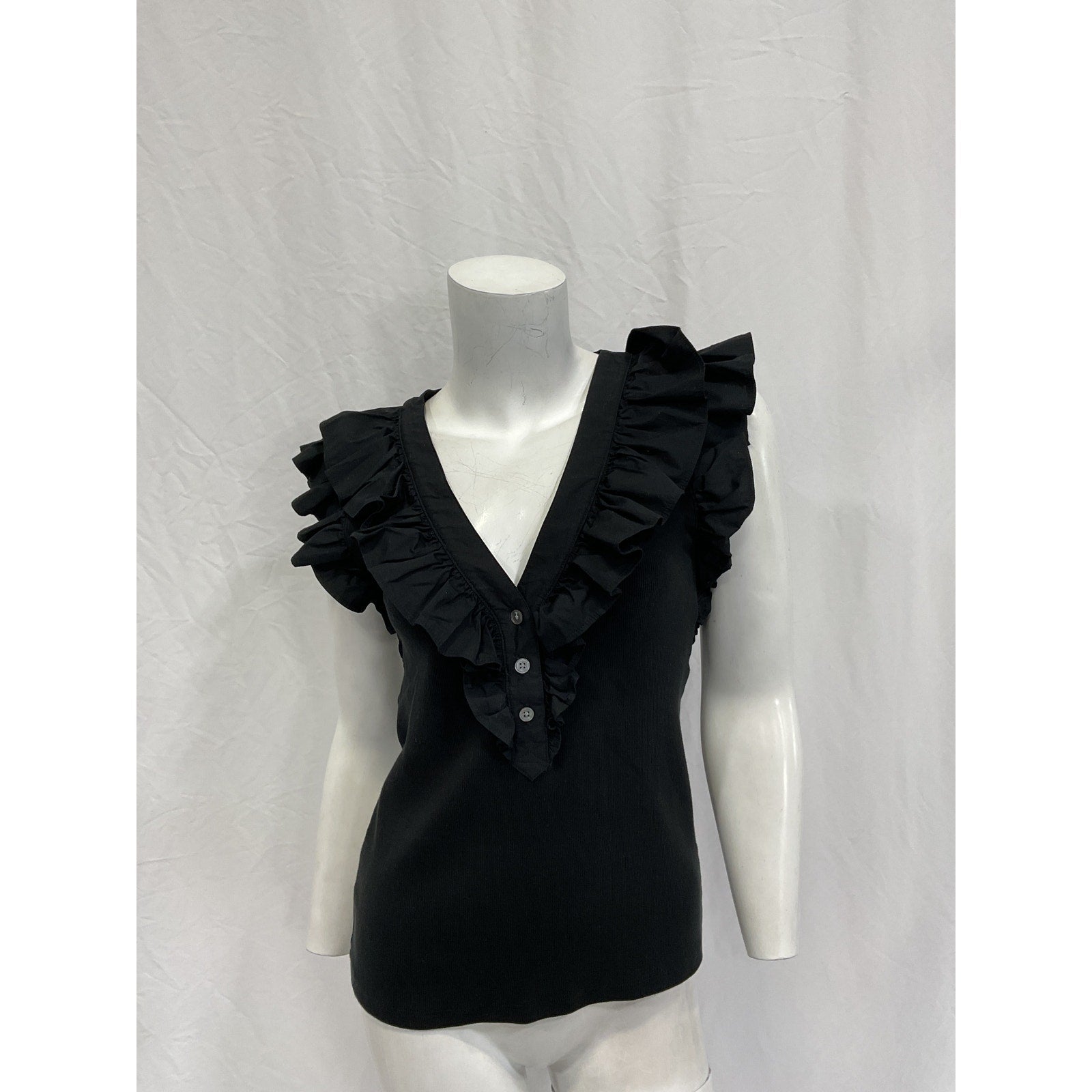 Veronica Beard 'Adrianna' Black Cotton Ruffled Rib Top Size S