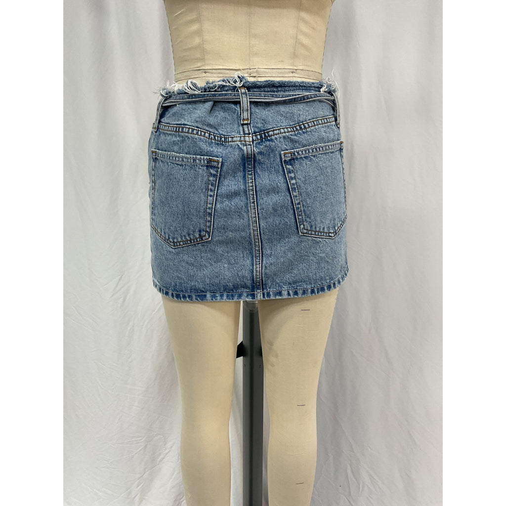 Grlfrnd 'Tali' Blue Cotton Belted Frayed Waist Mini Skirt Size 26