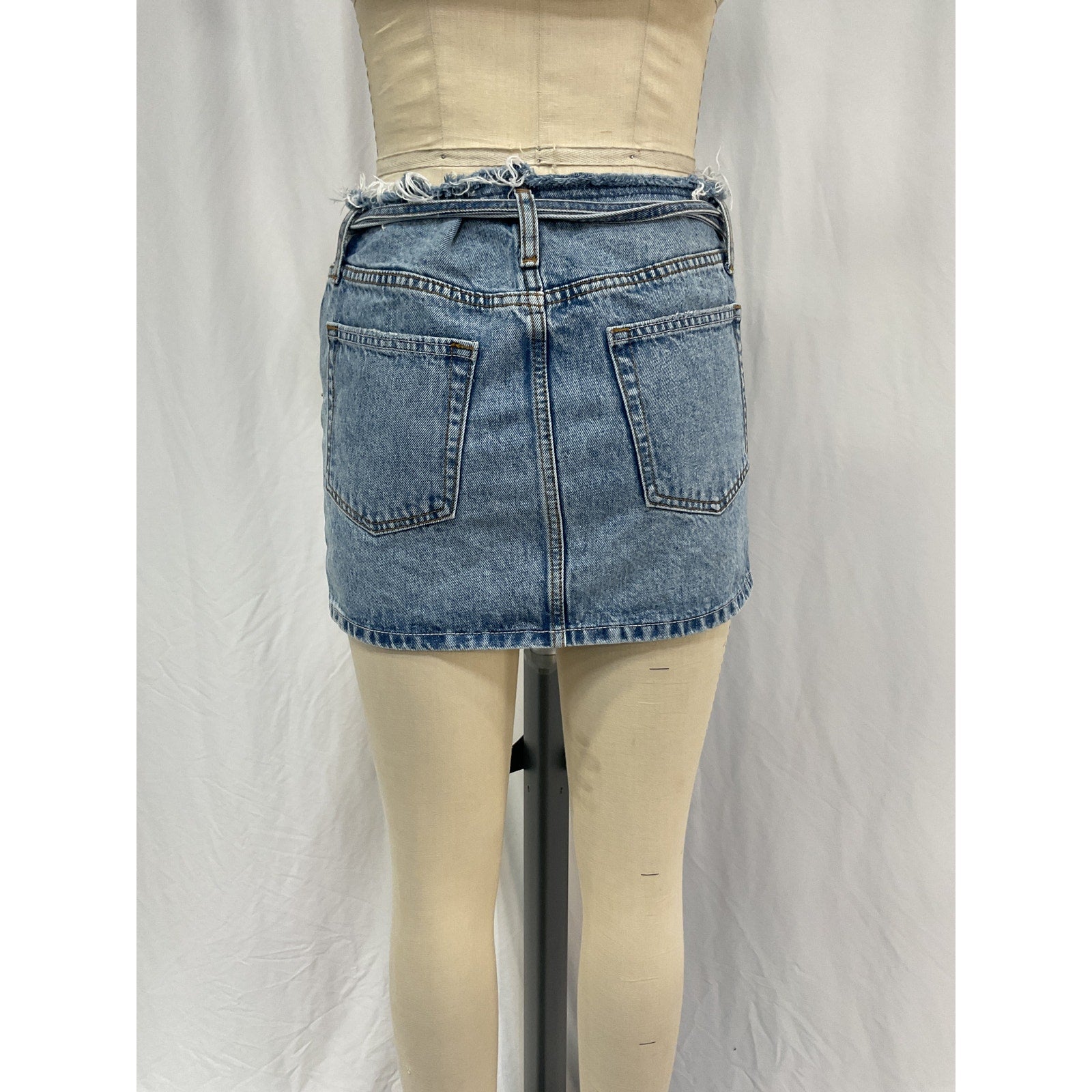 Grlfrnd 'Tali' Blue Cotton Belted Frayed Waist Mini Skirt Size 26