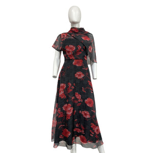 Lela Rose Floral Printed Glenn Black Polyester Plaid Chiffon Draped Bodice A-Line Dress Size 6 - NWT