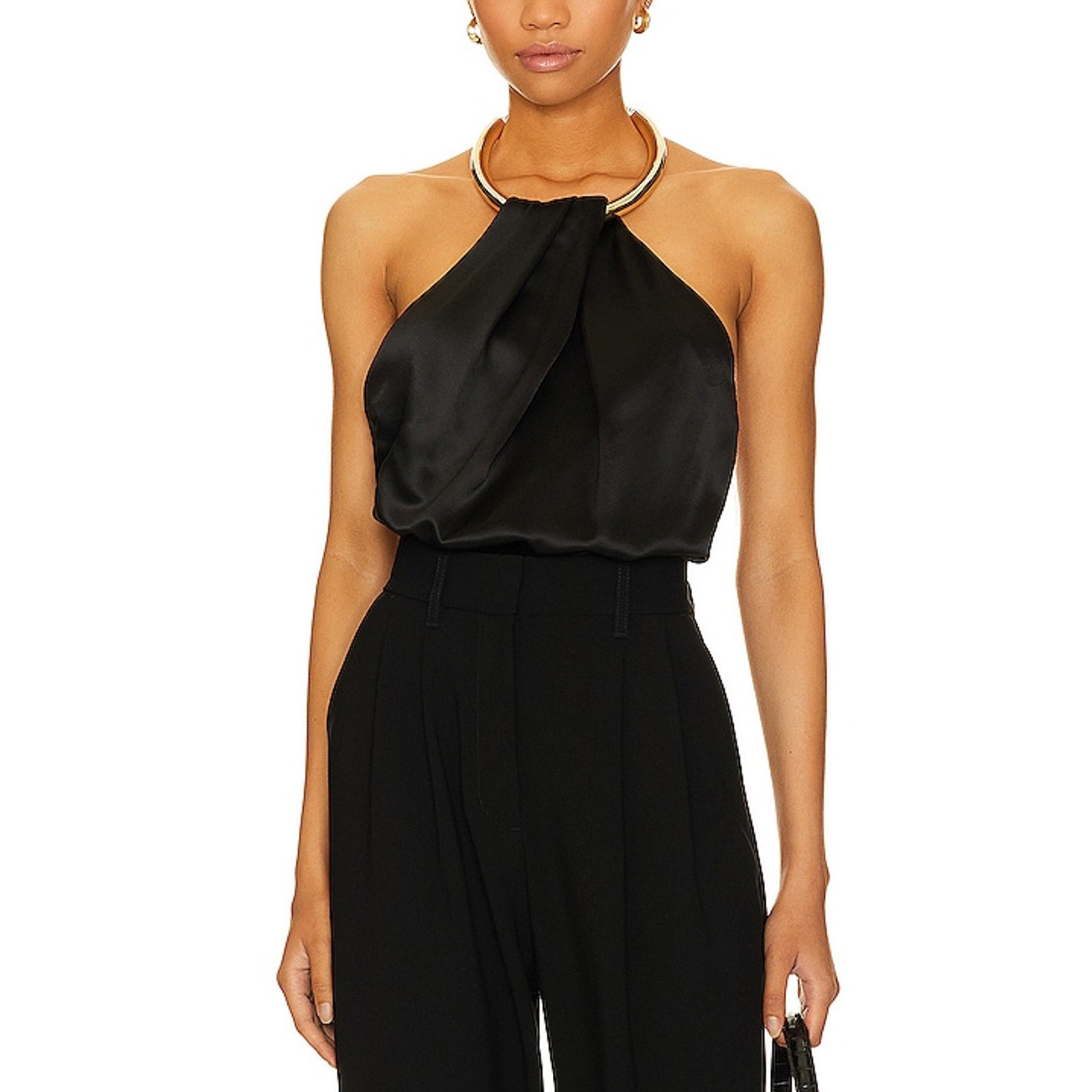 Nicholas 'Oxana' Black Satin Open Back Draped Necklace Top Size 8