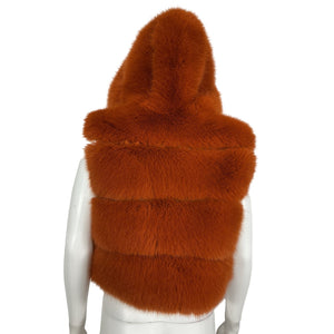 Adrienne Landau Plush Orange Faux Fur Hooded Vest Size S