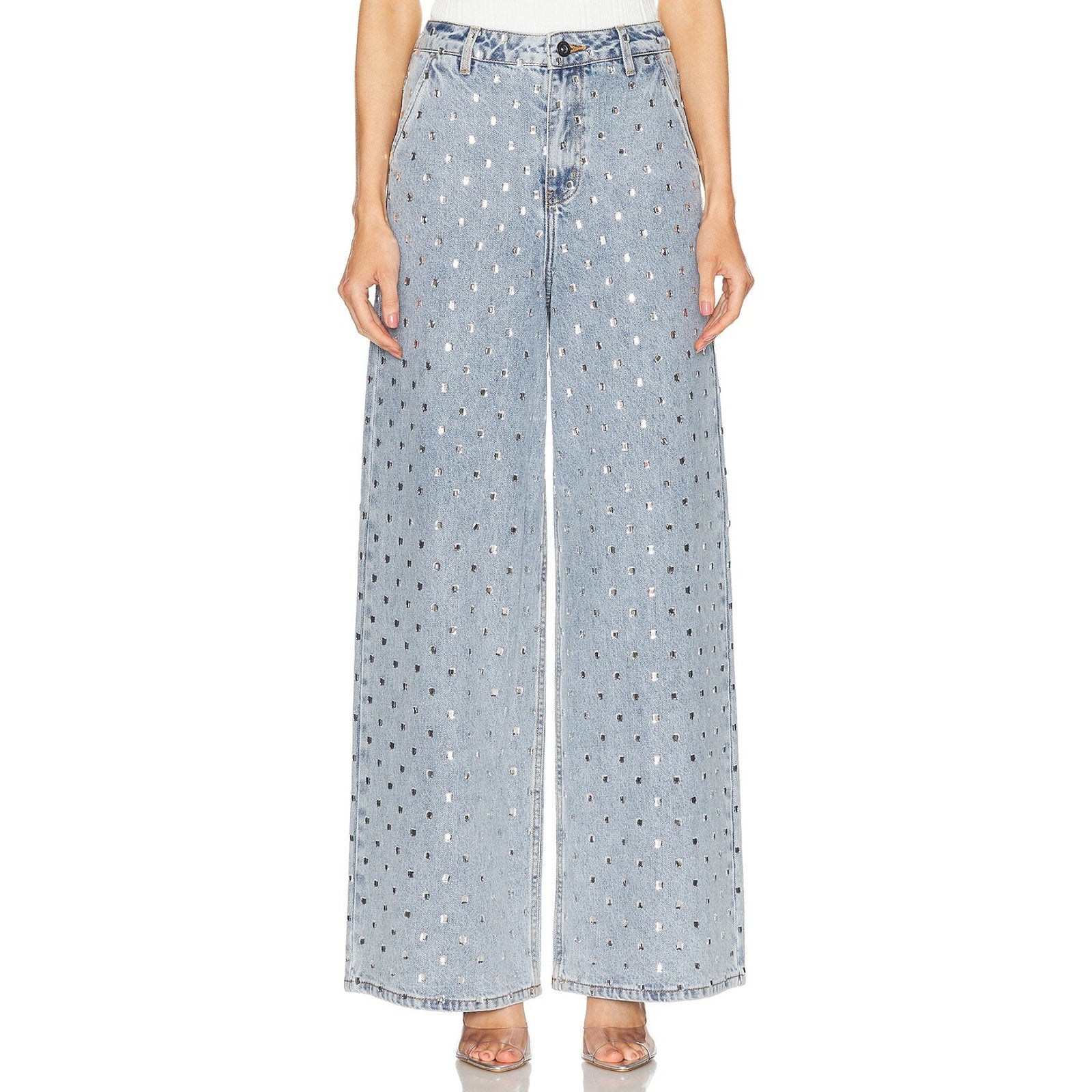 Self-Portrait 'Square' Blue Embellished Rhinestone Wide Leg Denim Jean Size 26