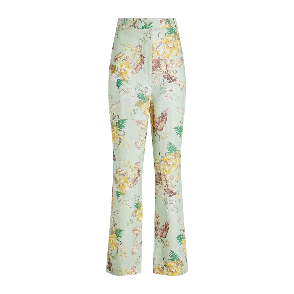 Zimmermann Green Linen Floral-Print Straight-Leg Pants Size 1 - NWT