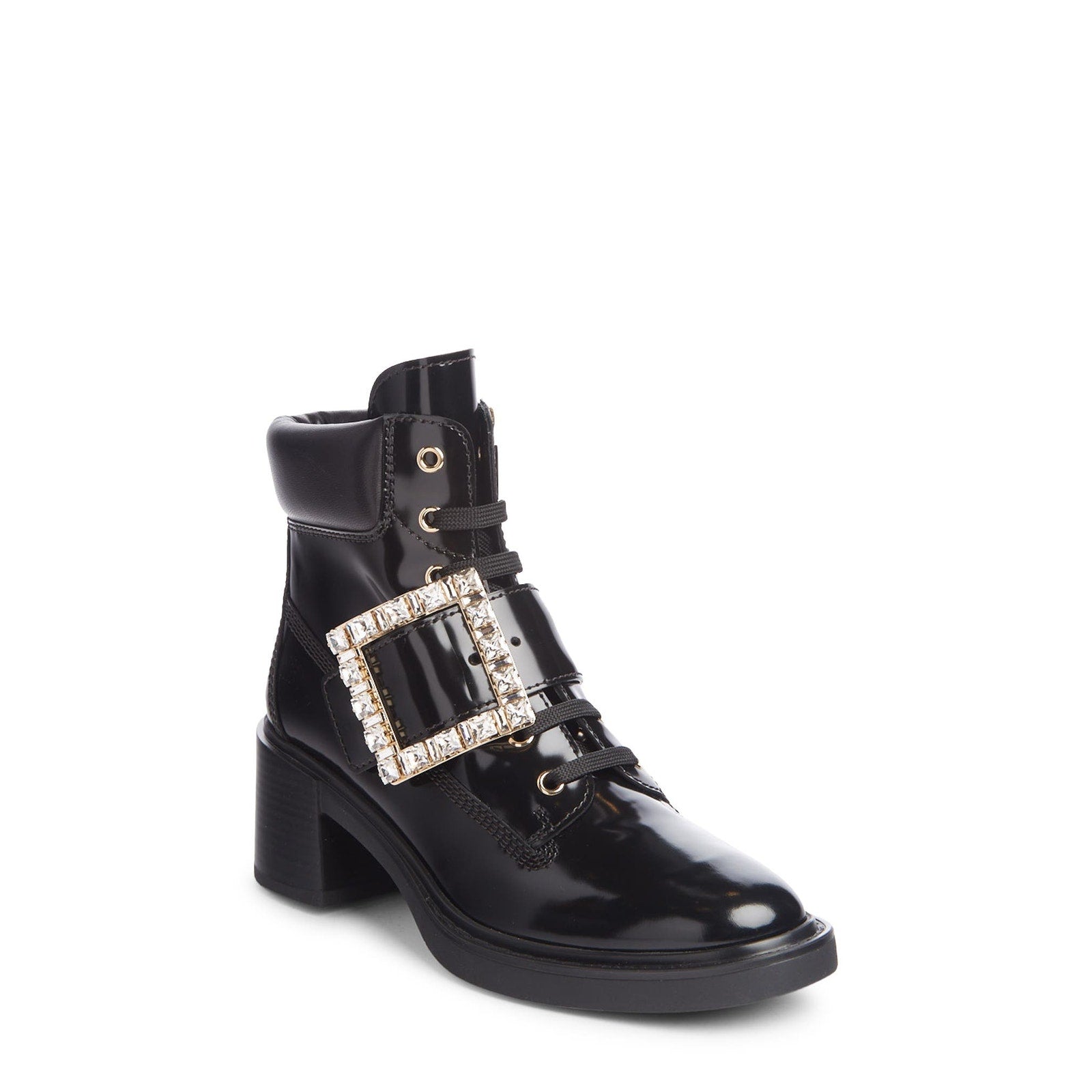 Roger Vivier Viv Black Leather Rangers Crystal Buckle Combat Boot Size 11