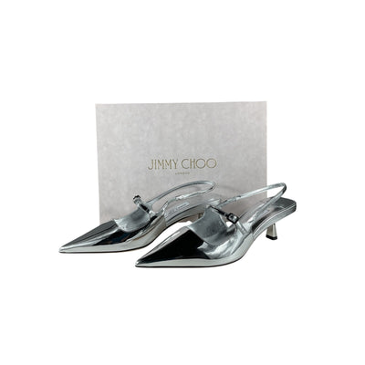 Jimmy Choo 'Didi 45' Silver Leather Metal Leather Slingback Pump Size IT 38.5 / US 8.5