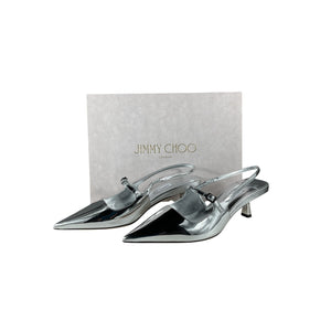 Jimmy Choo 'Didi 45' Silver Leather Metal Leather Slingback Pump Size IT 38.5 / US 8.5